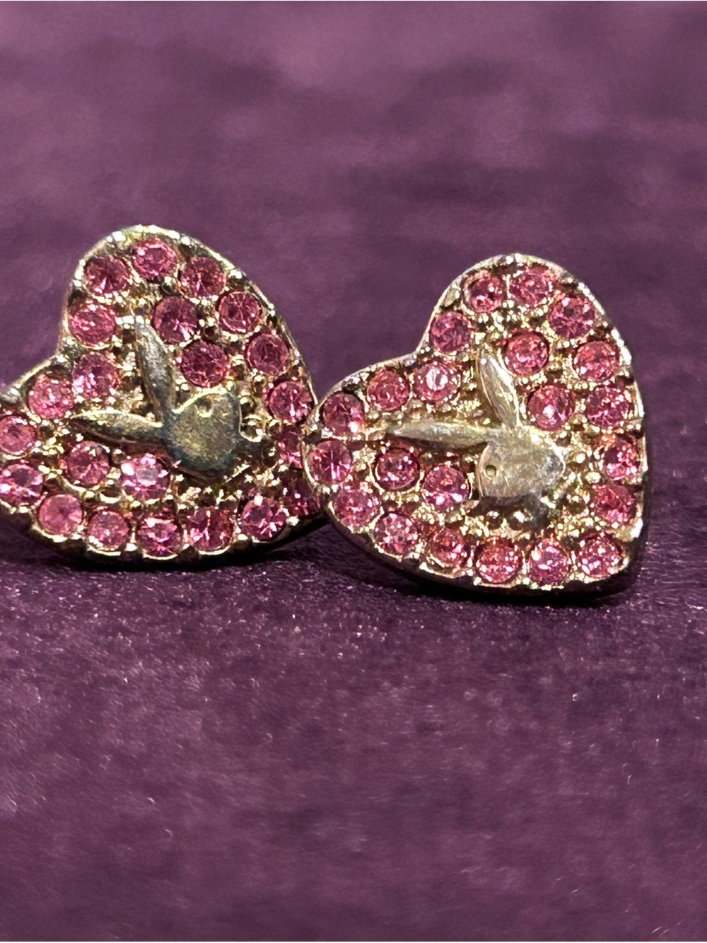 Pink Crystal Heart Stud Earrings with Playboy Bunny Accent, Girls Next Door 2006